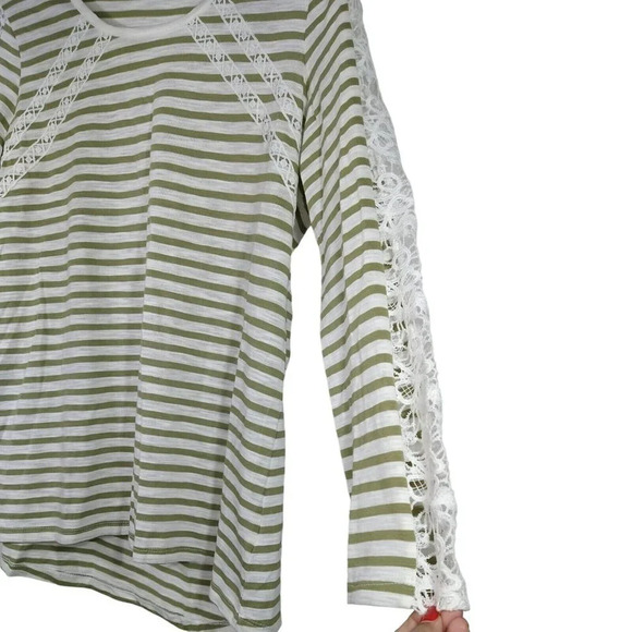 Hannah Jersey Knit Top T-Shirt Women Size L Green Stripe with Lace Sleeve - Picture 3 of 6